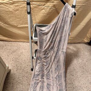 Pink and Gray Midi One Shoulder dress, strap and tie on shoulder, open leg